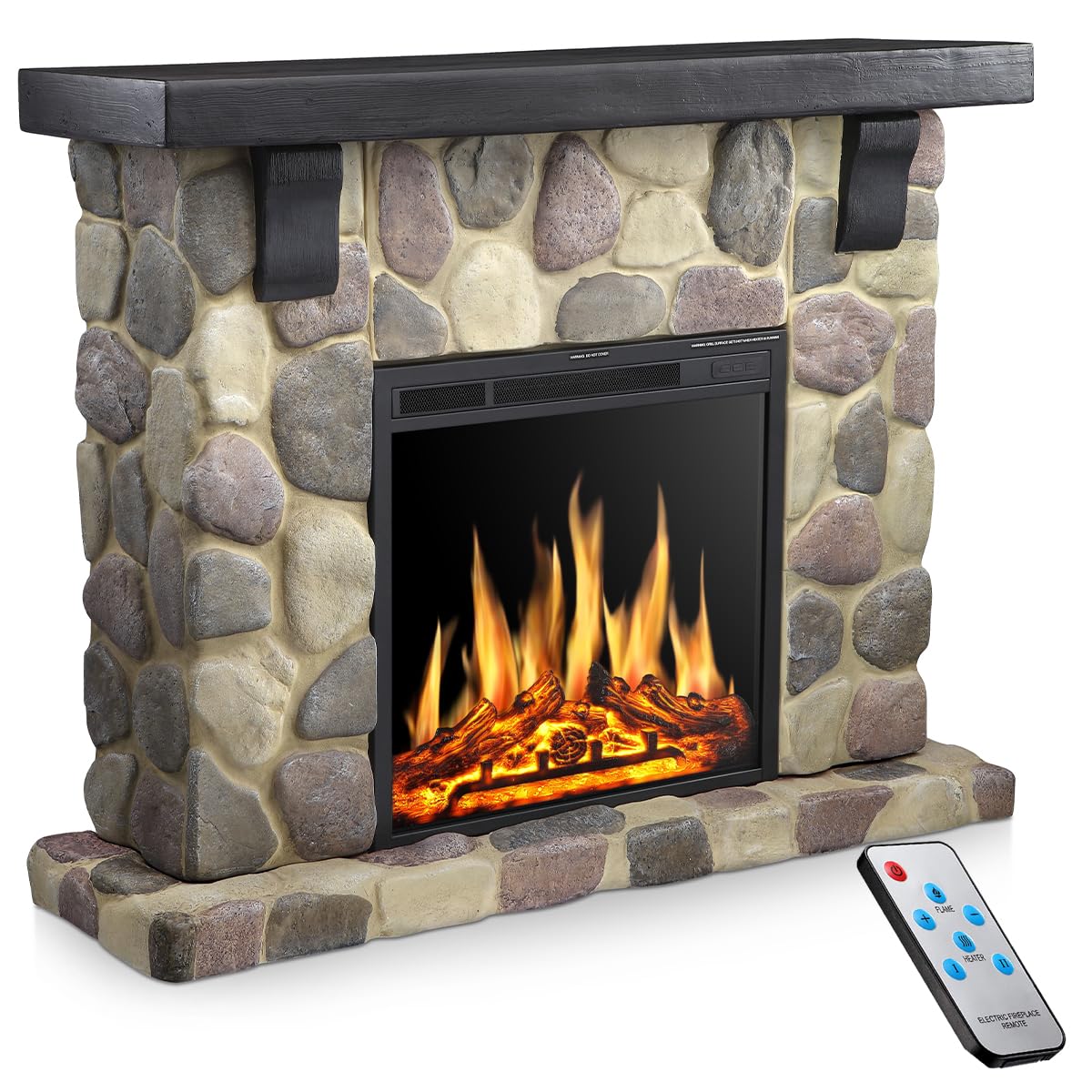 Electactic 50" Electric Fireplace TV Stand, Fireplace with Faux Stone-Look Mantel, Realistic 3D Flame Effect, 7 Brightness, 750W/1500W Dual Heat