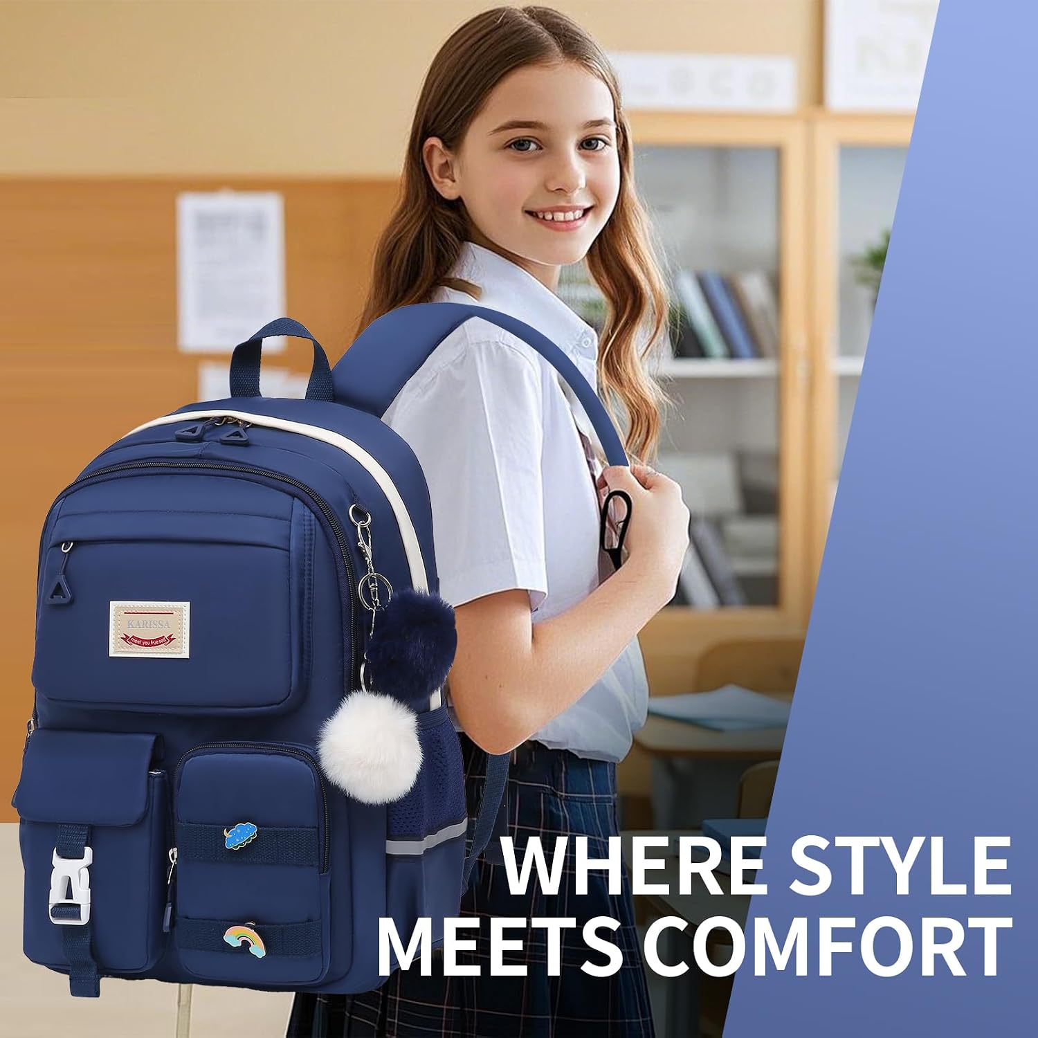 Alrisg Girls Backpack Student Laptop Book Bag with Multiple Pockets for Teen Kids Elementary Middle School Travel Daypack Blue