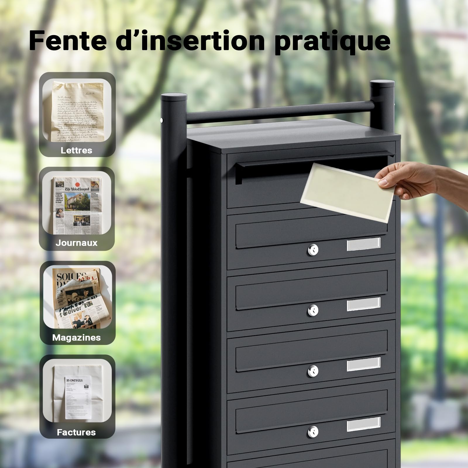 Wiltec Boîte aux Lettres sur Pieds Noire 556 x 270 x 1500 mm, avec 6 Compartiments verrouillables et Porte-nom, Revêtement en Poudre, pour Courrier