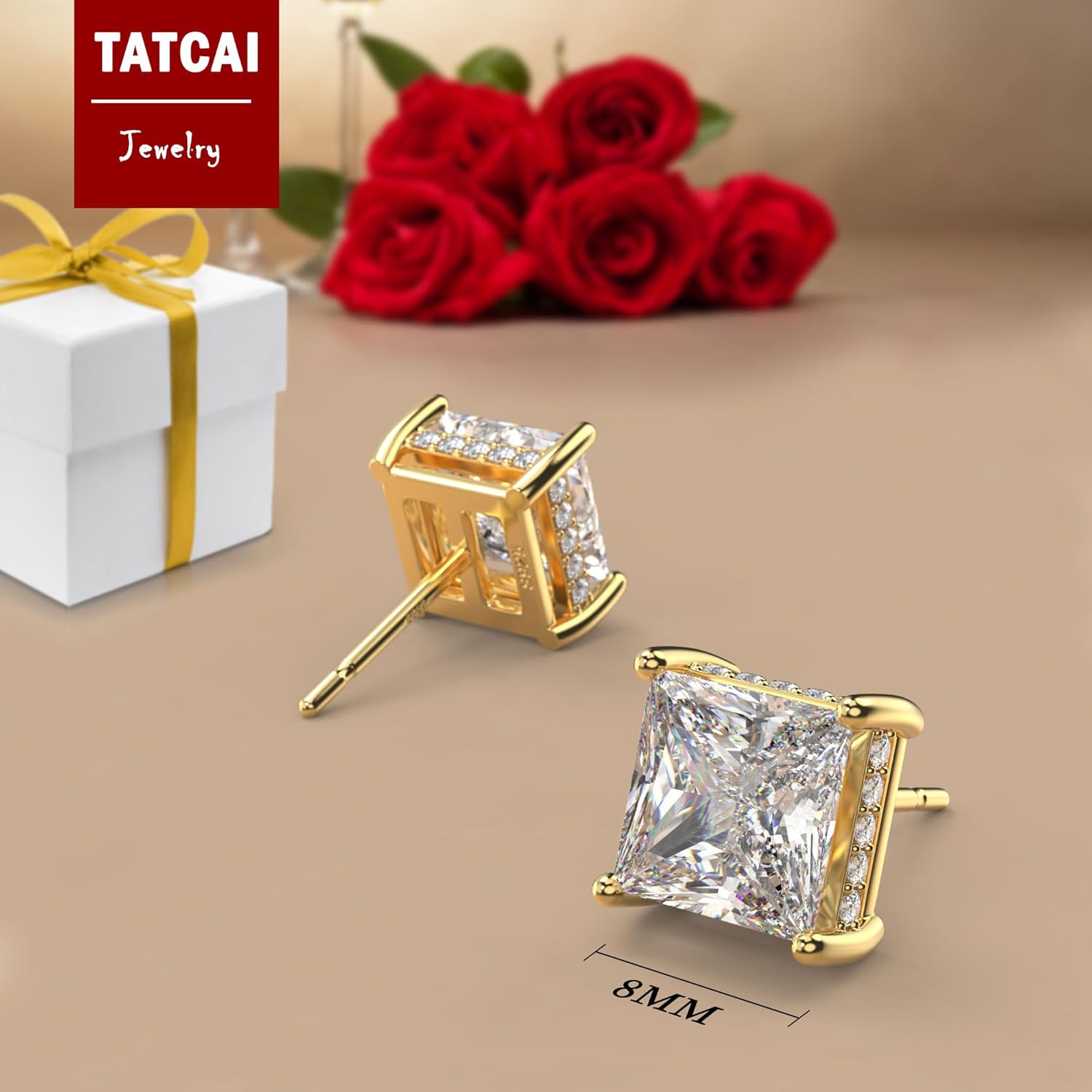 18K White Gold Plated Sterling Silver Princess Cut Square Cubic Zirconia Stud Earrings for Women Men Clear CZ Diamond Stud Earrings - Image 5