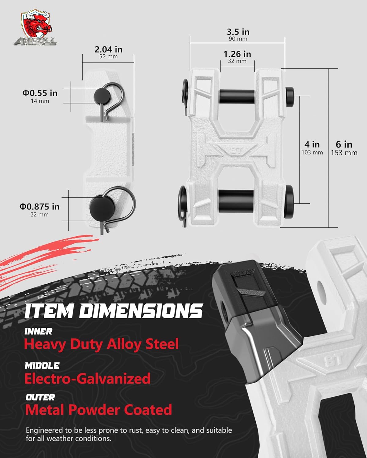 H-Shaped Towing Winch Shackle, Heavy Duty Winch Fairlead Hook, Dual Pin Design as 3/4" Shackle & 3/8" Winch Hook for Towing, Recovery, Off-Road, 17,636 lbs Working Load-2 Pack, White