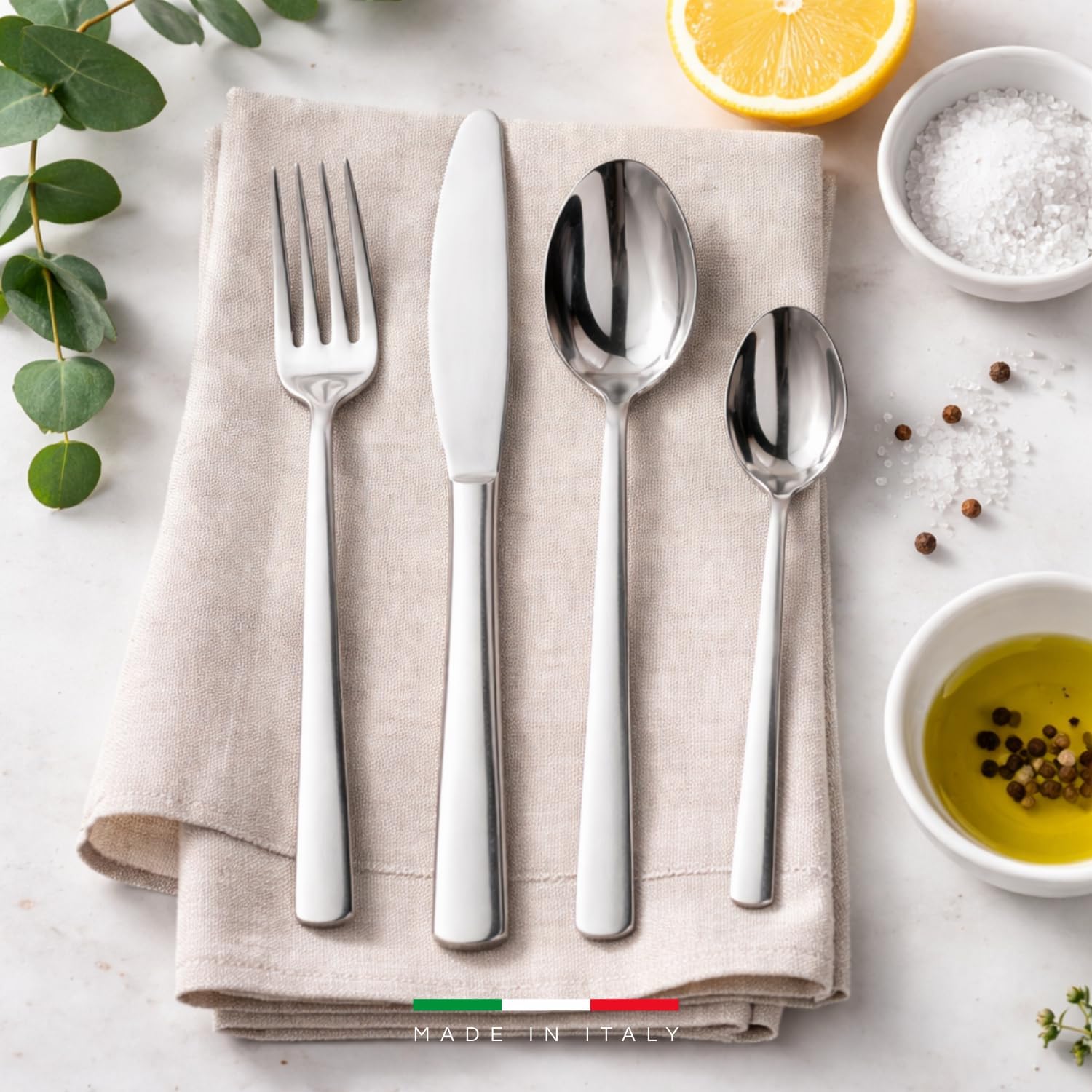 Paluplus Set 48 Posate in Acciaio Inox, Servizio per 12 Persone, set composto da cucchiaio, forchetta, coltello e cucchiaino, stoviglie con finitura lucida, Lavabili in Lavastoviglie, Made Italy