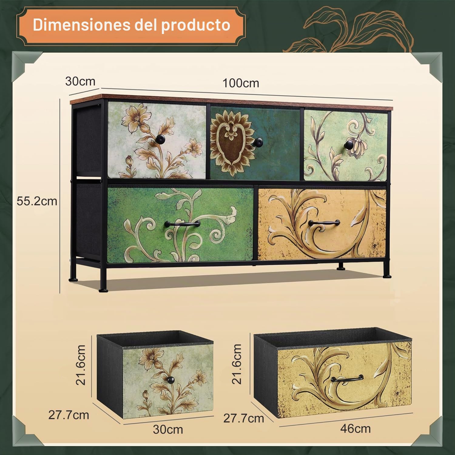 Cómoda para Dormitorio Adulto, Cómoda de 5 Cajones Chifonier Mueble de Almacenaje Tocador Bohemio Mueble con Cajones, Mueble de Salón Almacenaje, Mueble de Pasillo (5 cajones)