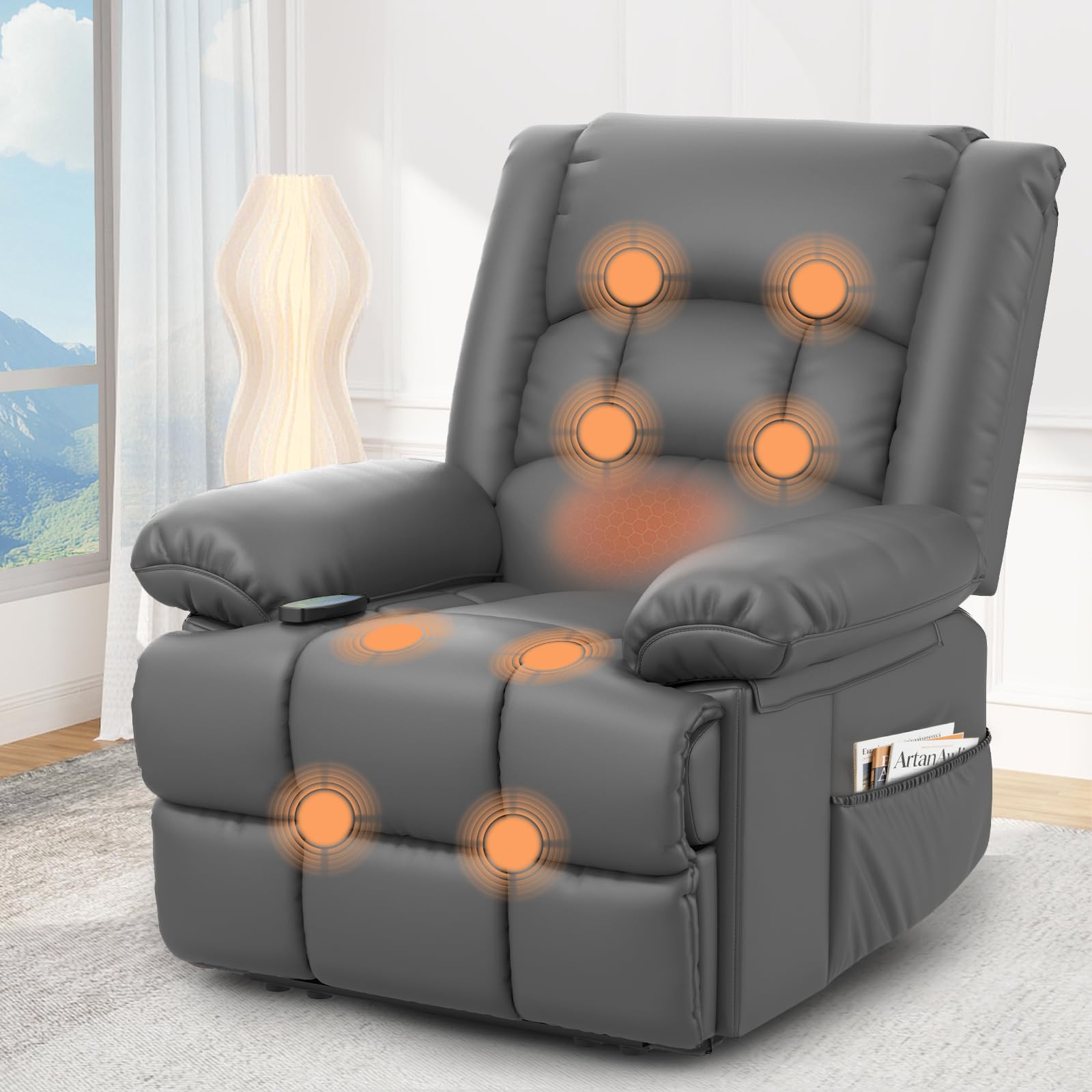 Srfzluxy Recliner Armchair Recliners with Massage & Heat, Padded Armrest & Cushion Extended Footrest, Manual Adjustable Single Sofa with Dual Side Pockets, Reclining Chairs Living Room Sofa Chair