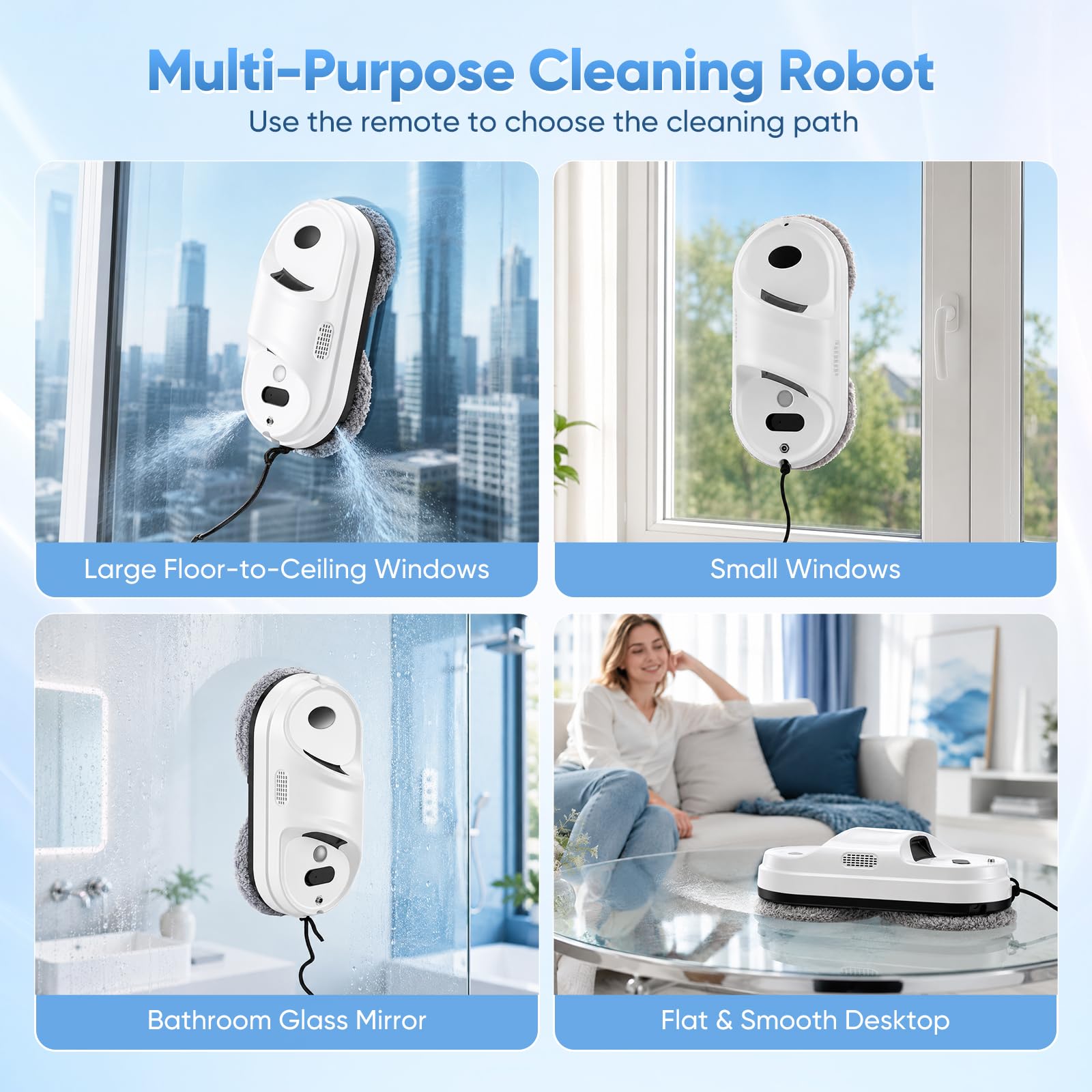 Robot limpiacristales 2800 PA 0.25m/min, Robot limpiador de ventanas | con sistema doble pulverización mejorado, 3 Modos de Limpieza Limpia Cristales electrico Ventanas Limpiador Ventanas