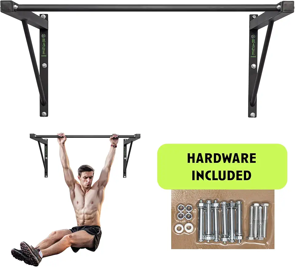 Rage Fitness Heavy-Duty Wall Mounted Pull Up Bar - 500 lbs Weight Capacity | Maintain Upper Body Strength &amp; Core Stability | Space Efficient Steel Chin Up Black Bar for Home &amp; Gym Versatile Wo