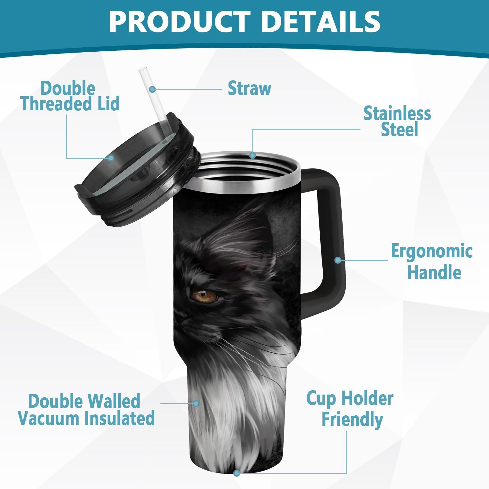 Isolierter Trinkbecher, schwarz, Maine Coon Katze, doppelwandig, Edelstahl, Wasserflasche, Kaffeetasse, Reisebecher mit Griff, Strohhalm-Deckel