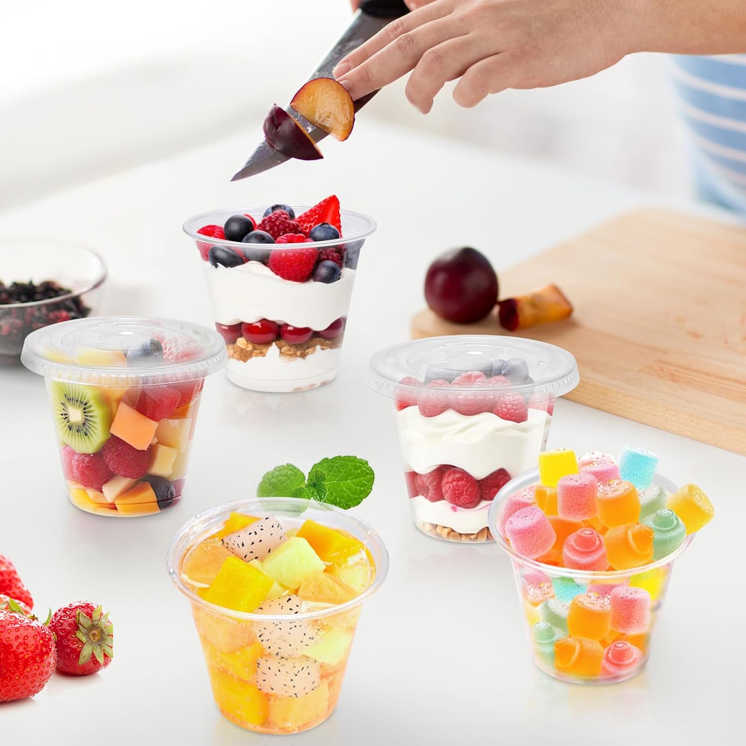 Losi Clear Plastic Cups with Lids, Disposable Cups with Flat Lids No