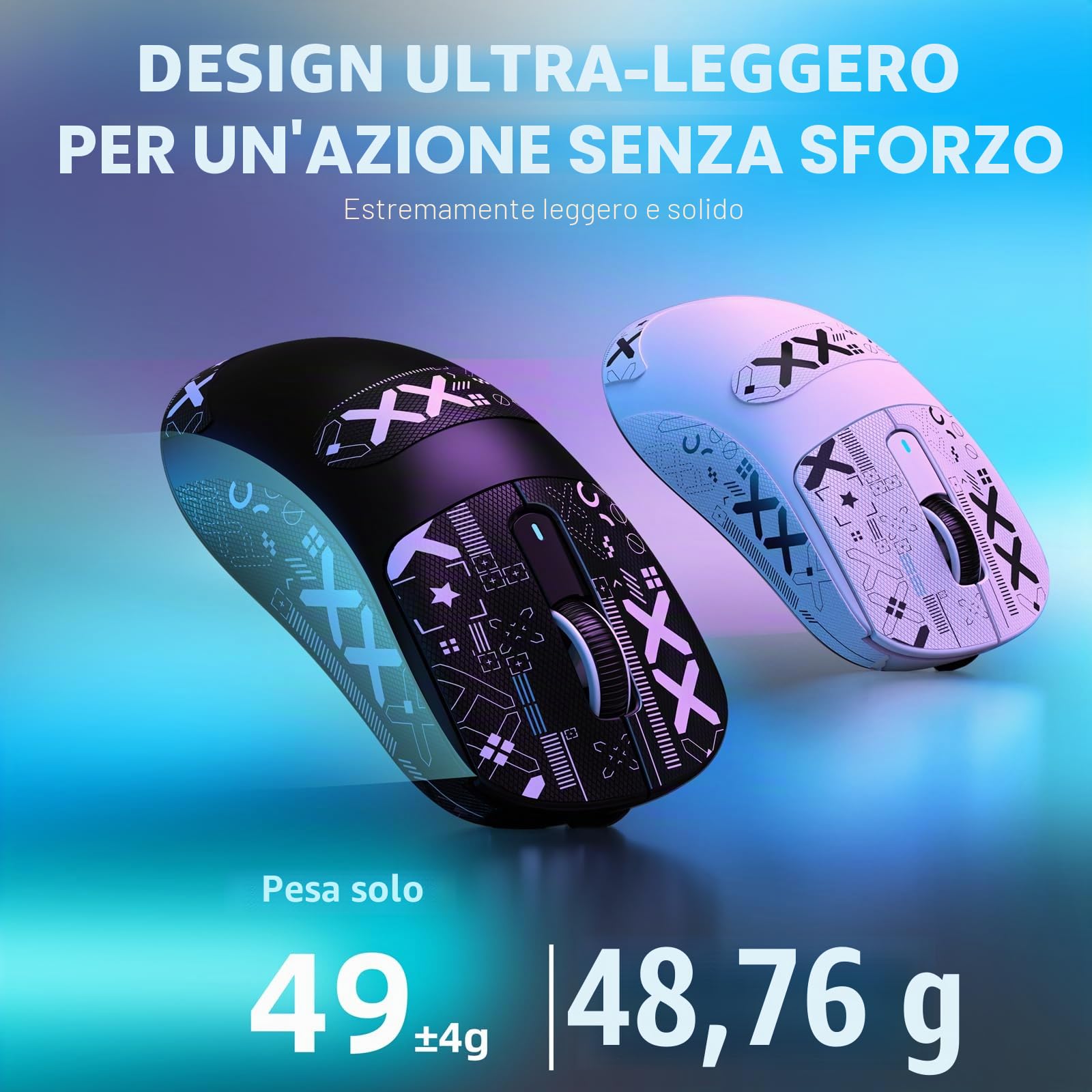 VGN GAMEPOWER ATTACK SHARK X3 SUPERLIGHT Mouse Gaming Wireless, 49g Ultraleggero Mouse da Gioco, PixArt PAW3395, 26,000 DPI, 2.4G/BT5.0/Cablato, Mouse Grip Tape, Durata Batteria 200Hrs, Nero