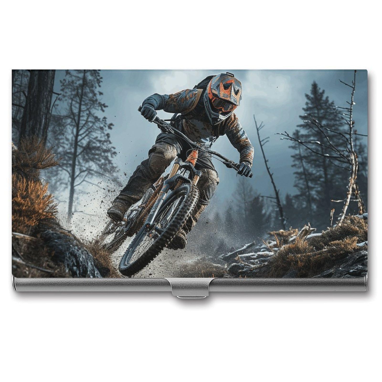 DWVTSLH Mountain Bike Tournament Business Card Holder, Slim Portable Metal Business Card Case Pocket Wallet Professional Name Cards Holder for 22-30 Cards, Credit Card ID Case/Holder for Men Women