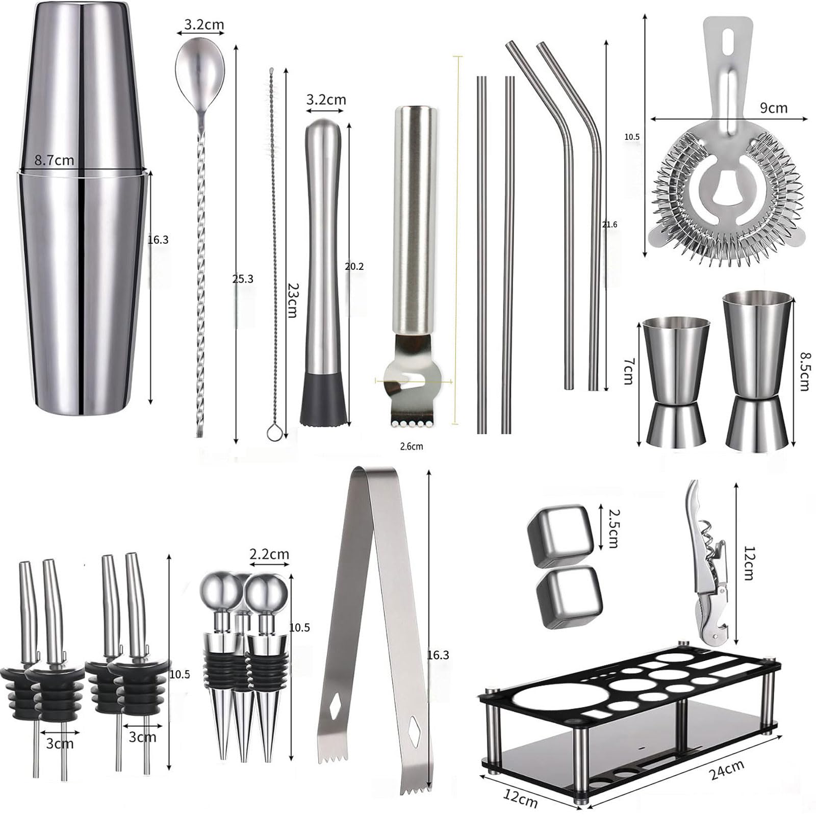 23 piezas Coctelera para Cócteles Kit Con Soporte acrílico acero inoxidable Profesional Barman Herramientas con Mortero de Cóctel colador Cuchara set de regalo para Mezclar Bebidas,Barra,hogar