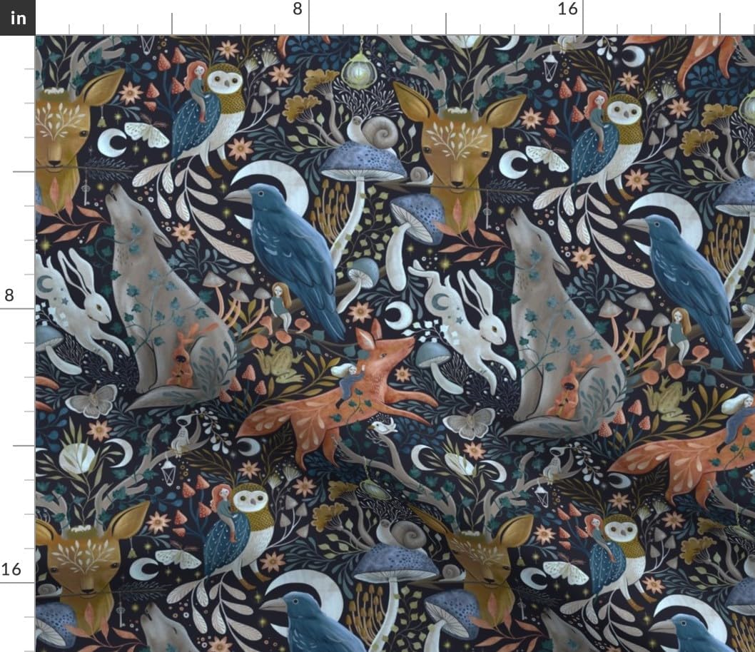 Spoonflower Fabric - Woodland Fairy Night Forest Tale Folk Art Wolf Fox Hare Mushroom Raven Printed on Petal Cotton Fabric Fat Quarter - Sewing Quilting Apparel Crafts Decor