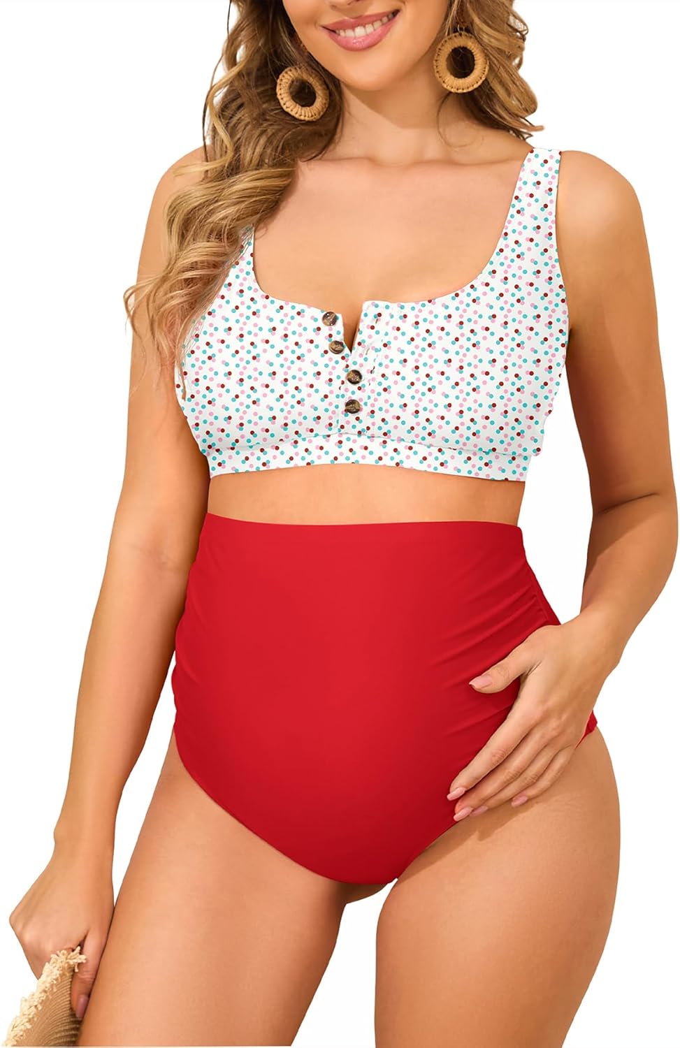 Zando Maternity Swimsuit High Waisted Bikini Set Button Down Maternity Bathing Suit 2 Piece Swimsuit for Women