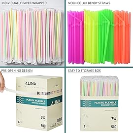 ALINK 500 Count Neon Plastic Flexible Drinking Straws, Individually Wrapped Plastic Disposable Bendy Party Straws - 7.75 x 0.23