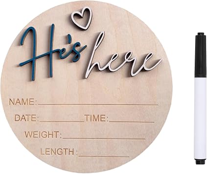 Baby Announcement Sign, 5.9 Inch Wooden Hello World Newborn Signs, Birth Announcement Sign, Gender Reveal Signs, Hes here Decoration, Welcome Newborn Arrival To World Hes,Deep Sea Blue