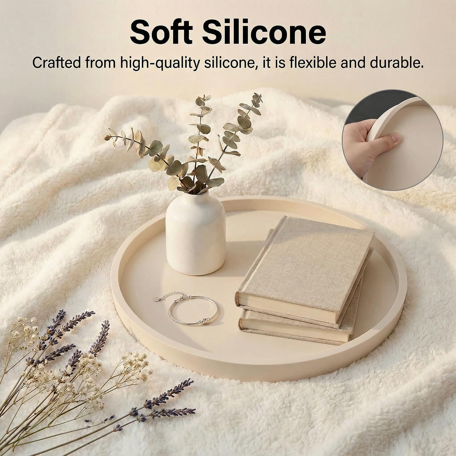 Dekorative Silikontablett, rundes Tablett mit 27 cm Durchmesser, Kosmetiktablett, rutschfest, leicht zu reinigen und bruchsicher, geeignet für Schlafzimmer, Wohnzimmer, Badezimmer (Beige) - 2