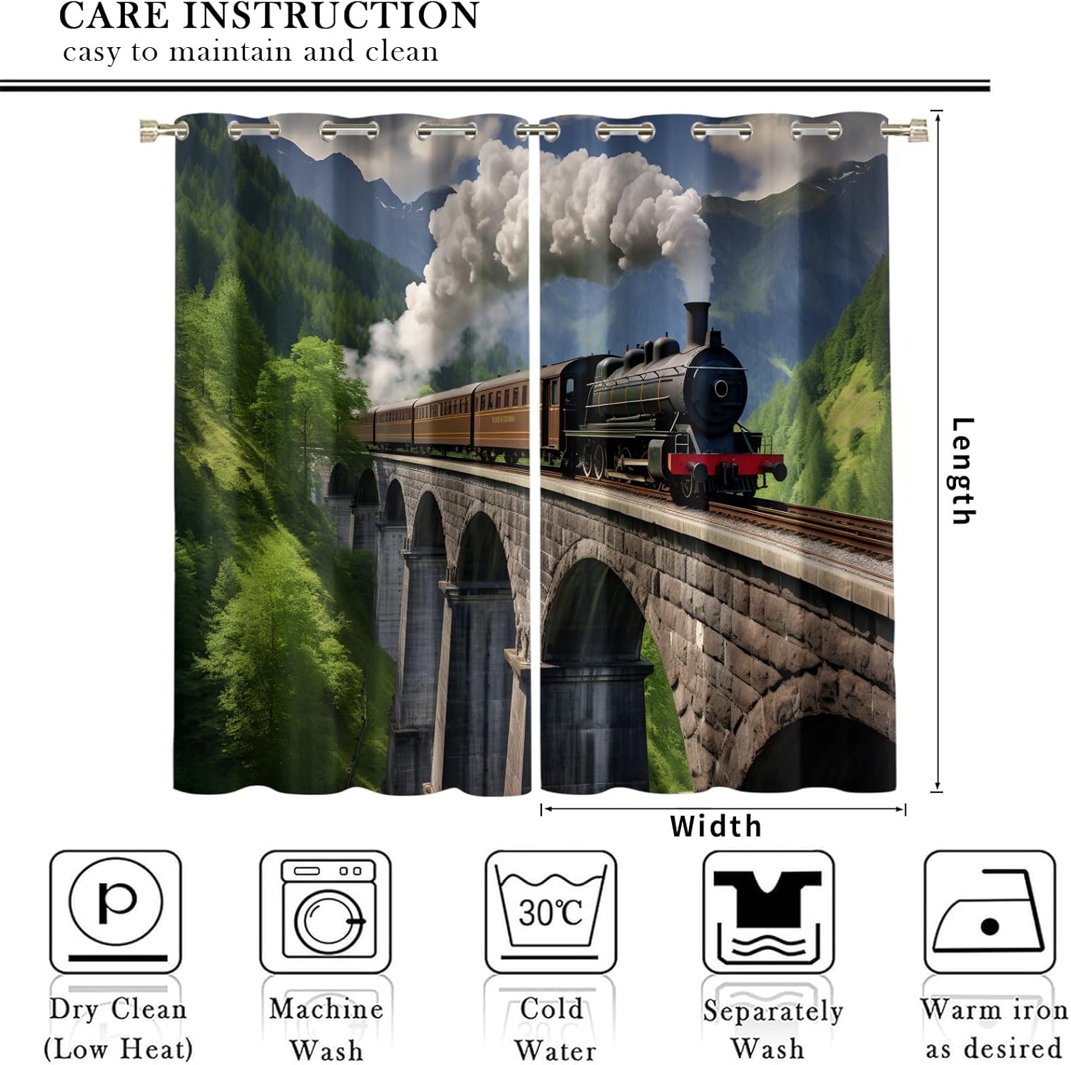 Vintage Train Black Out Curtains 84 inch Long 2 Panels, Steam Engine Locomotive Curtains for Bedroom Living Room Decor, Steam Train Window Treatment Drapes with Grommet