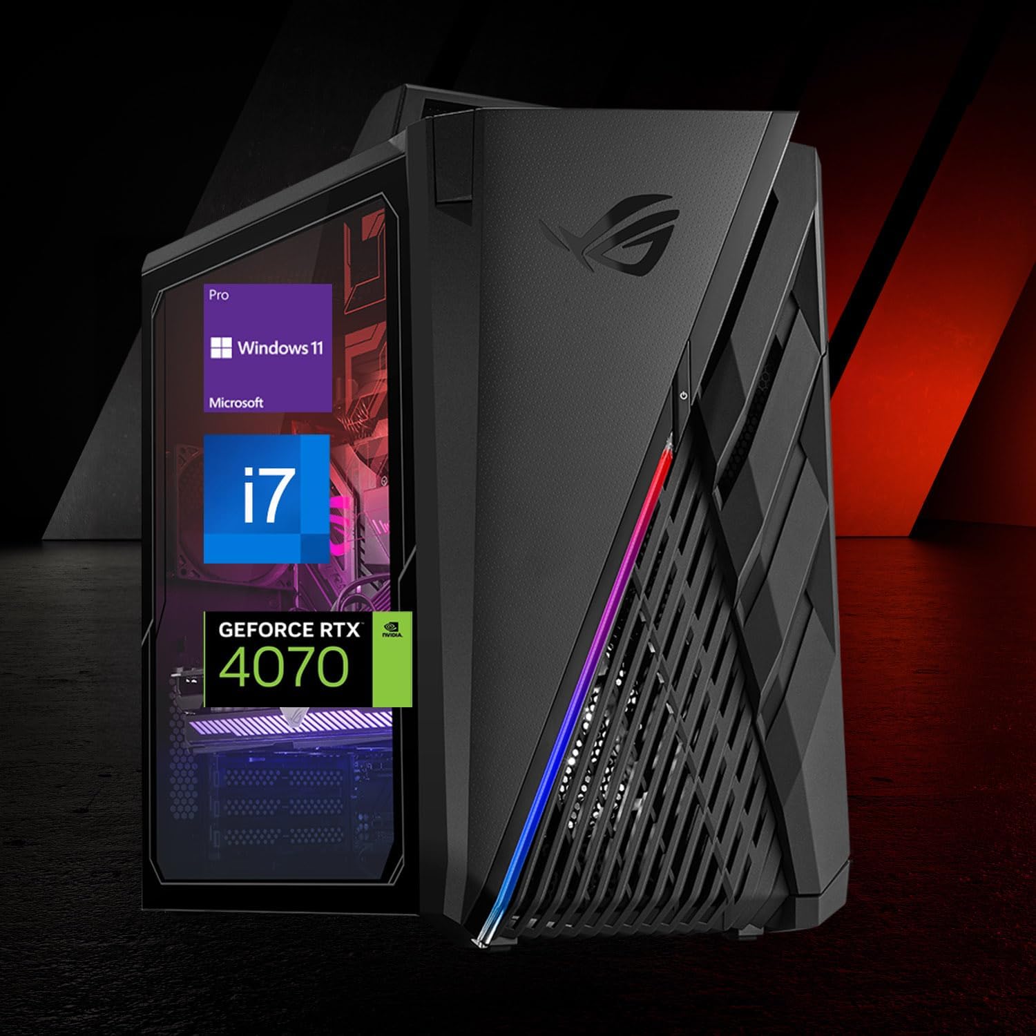 ASUS ROG Gaming Desktop, Intel Core i7-13700KF, NVIDIA GeForce RTX 4070, 64GB DDR5 RAM, 2TB SSD, Wired Keyboard & Mouse, HDMI, DP Port, Antenna, RJ45, Wi-Fi 6, Windows 11 Pro, Black