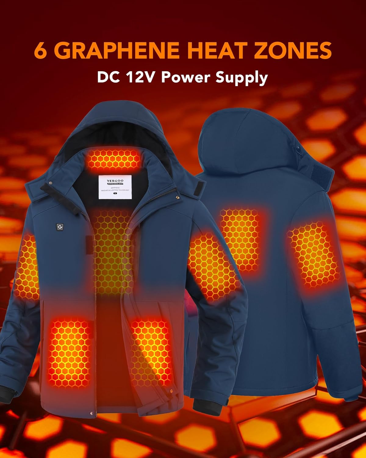 VERGOO Graphene Mens Heated Jackets with 18400mAh Battery Pack Winter Waterproof Electric Self Heating Coat with Hood