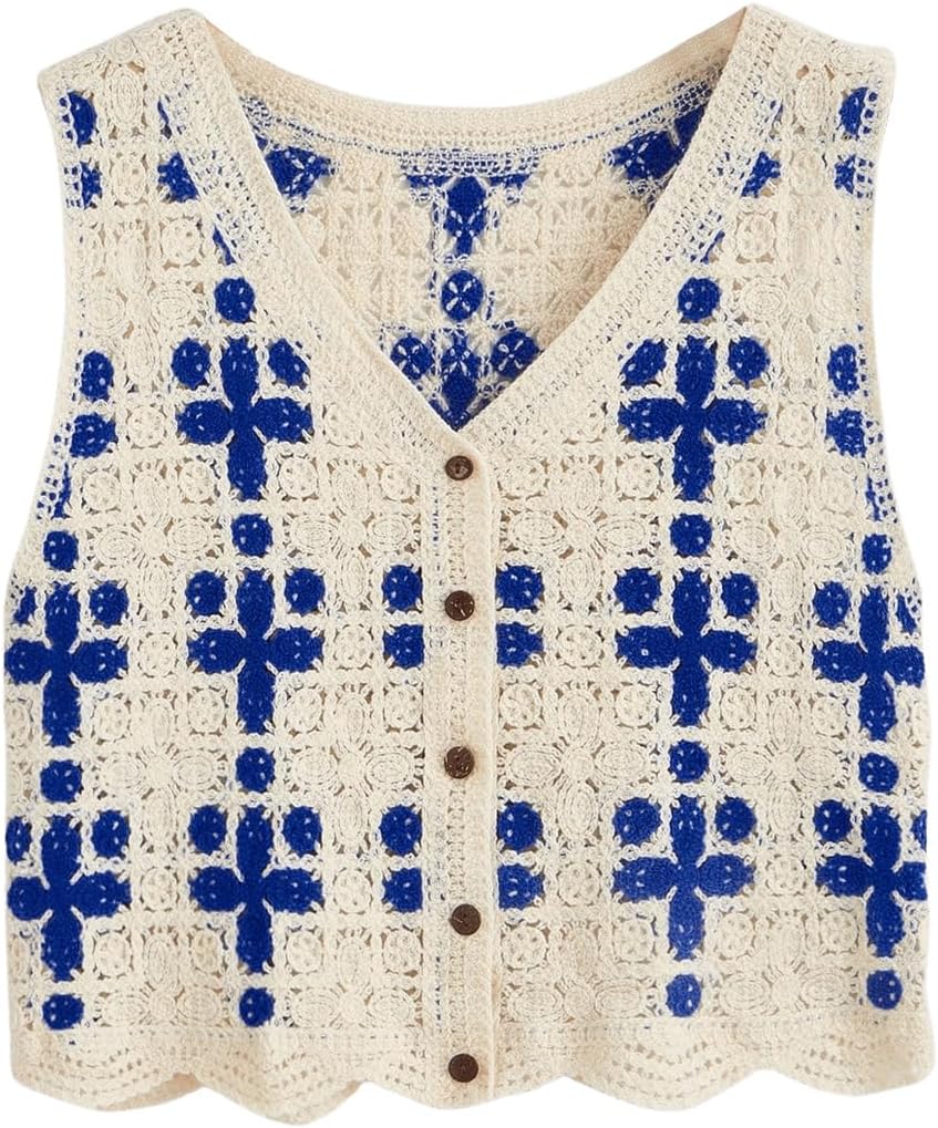 Floerns Women's Argyle V Neck Button Front Cardigan Sleeveless Knit Sweater Vest