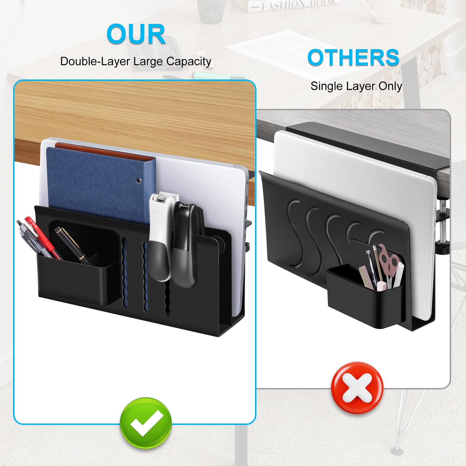 Hängender seitlicher Schreibtisch Organizer - Keine Bohrmontage, Karbonstahl unter dem Schreibtisch, Laptop Halter, 2 stufiges Tisch Aufbewahrungsregal zum Anklemmen für Büro und Zuhause