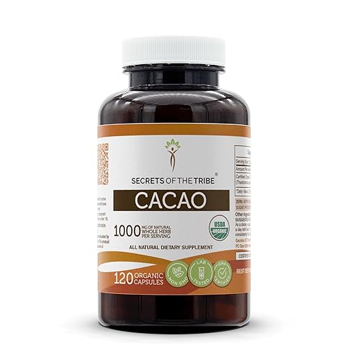 Cacao USDA Organic Fabricado con cápsulas vegetales y cacao orgánico certificado (Theobroma Cacao) granos crudos secos (120 cápsulas)
