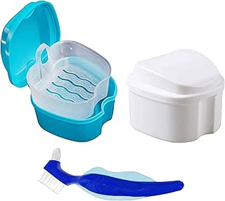 Denture Case, Denture Cup with Strainer, Denture Bath Box False Teeth Storage Box with Basket Net Container Holder for Travel, Retainer Cleaning 2Pack (Light Blue)