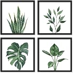ArtbyHannah Framed Botanical Bathroom Wall Art Decor, 10x10 Inch 4 Pack Acrylic Sage Green Prints Set, for Spa & Farmhouse Decor for Bath, Restroom, Bedroom, Office Decoration (Walnut)