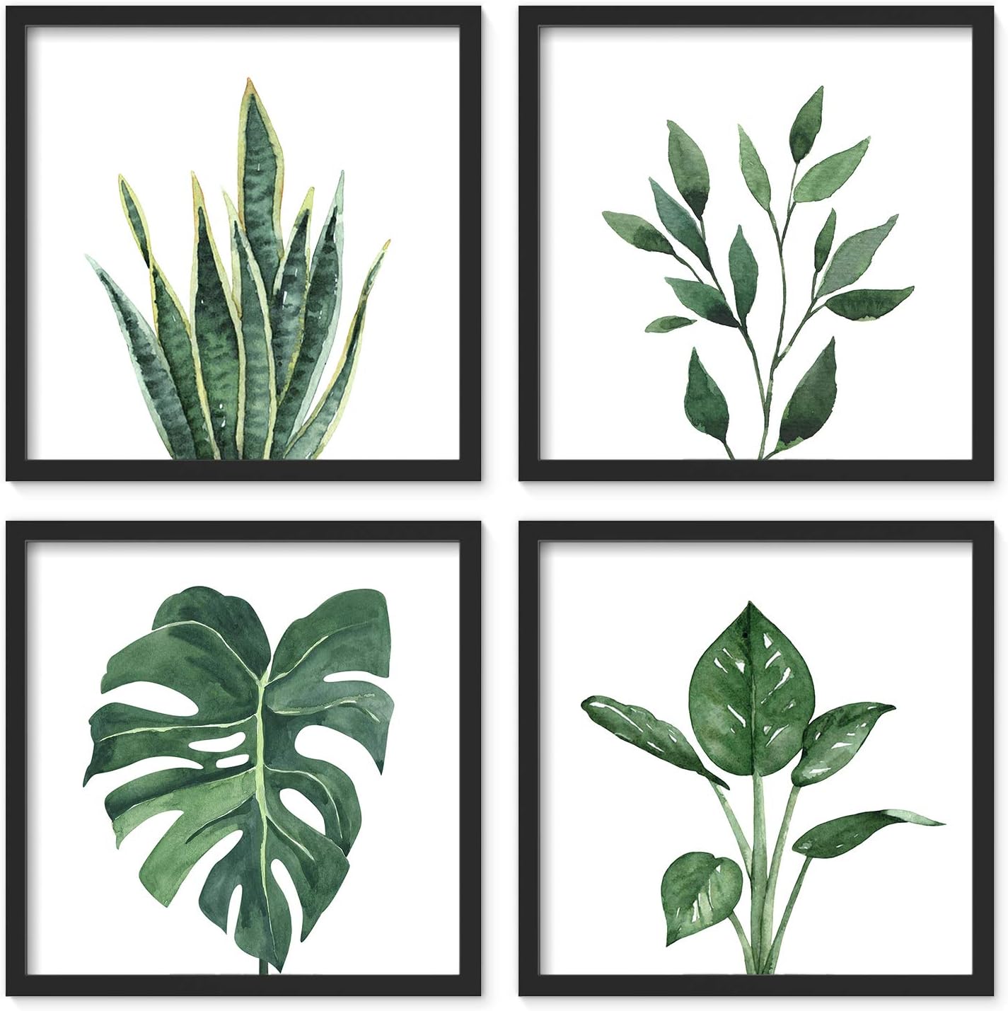 ArtbyHannah Framed Botanical Bathroom Wall Art Decor, 10x10 Inch 4 Pack Acrylic Sage Green Prints Set, for Spa & Farmhouse Decor for Bath, Restroom, Bedroom, Office Minimalist Decoration (Black)