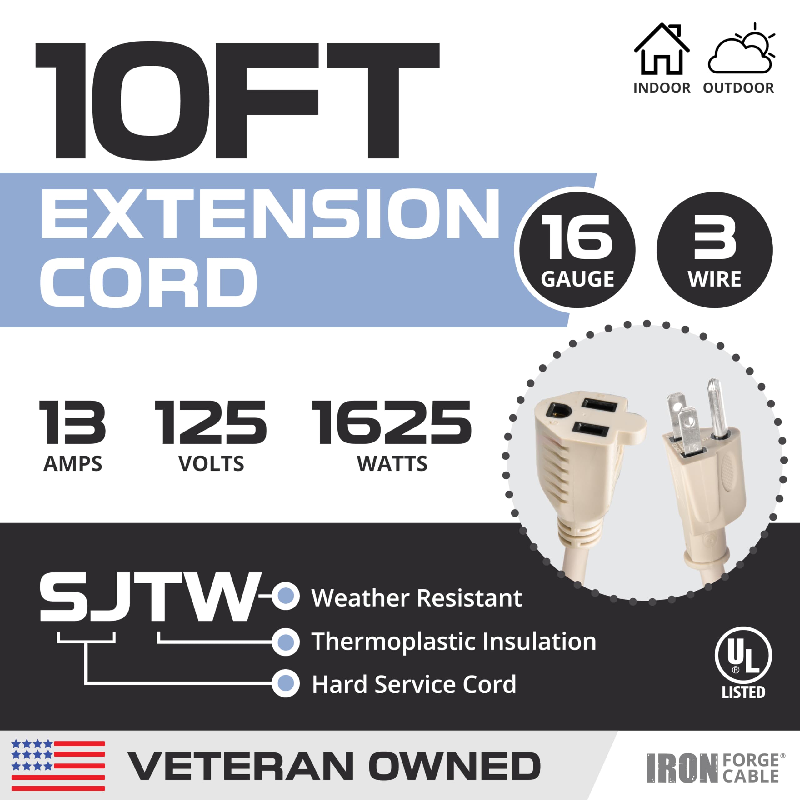 Iron Forge Cable de extensión beige de 10 pies para exteriores, cable resistente de 16/3 con enchufe de tierra de 3 puntas para seguridad, 13 amperios para jardín, césped, herramientas y