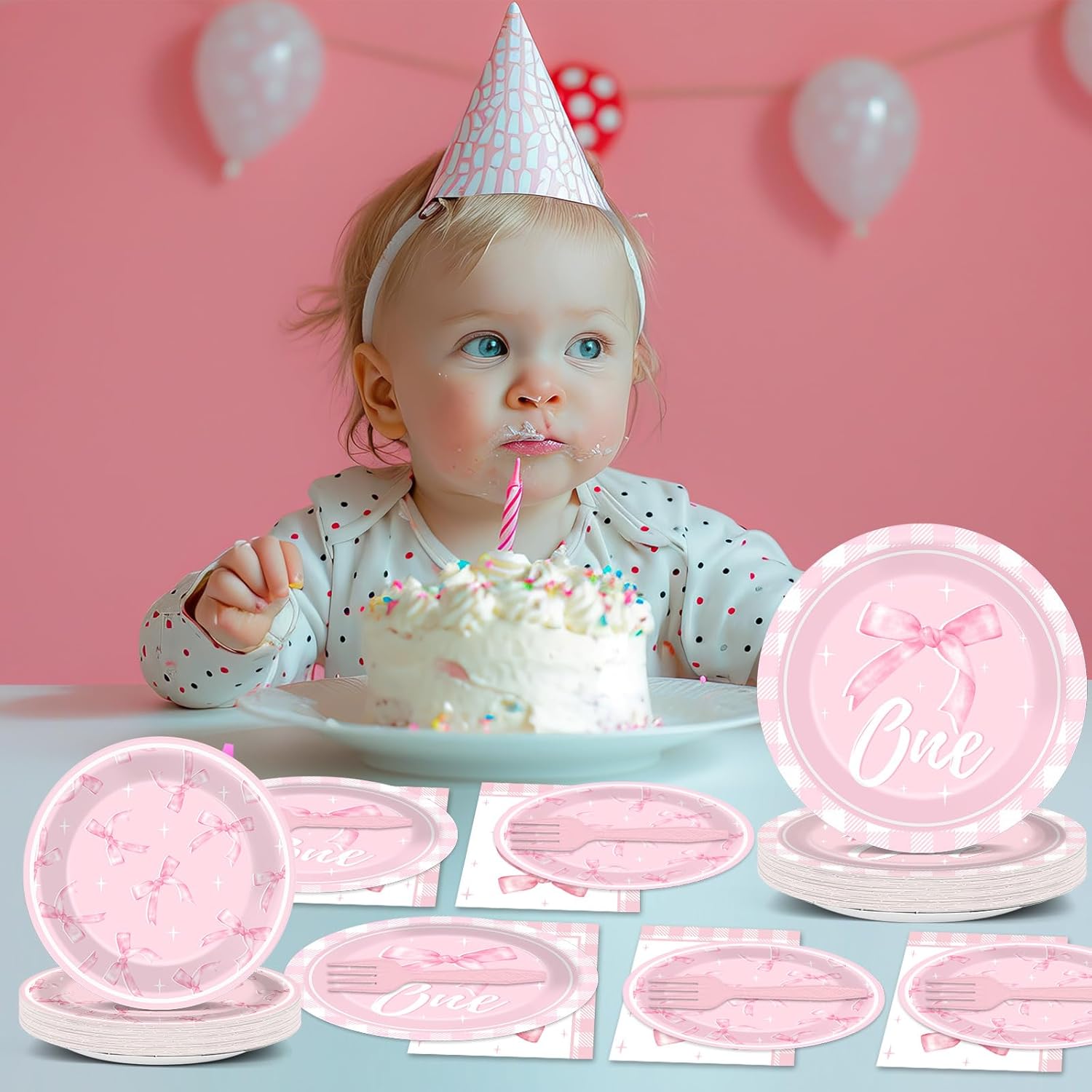96PCS Pink Bow One Year Old Paper Plates and Napkins, Pink 1st Birthday Party Decorations for Girls Birthday Party Disposable Dinner Dessert Plates, Baby Shower Coquette Tableware Decor, Serves 24 - Image 5