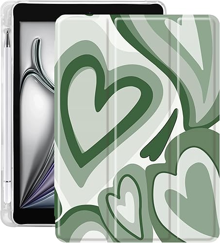 Idocolors Funda para cojín Matcha Green Love Heart Linda abstracta femenina antiarañazos a prueba de golpes con soporte para lápices, funda ligera y