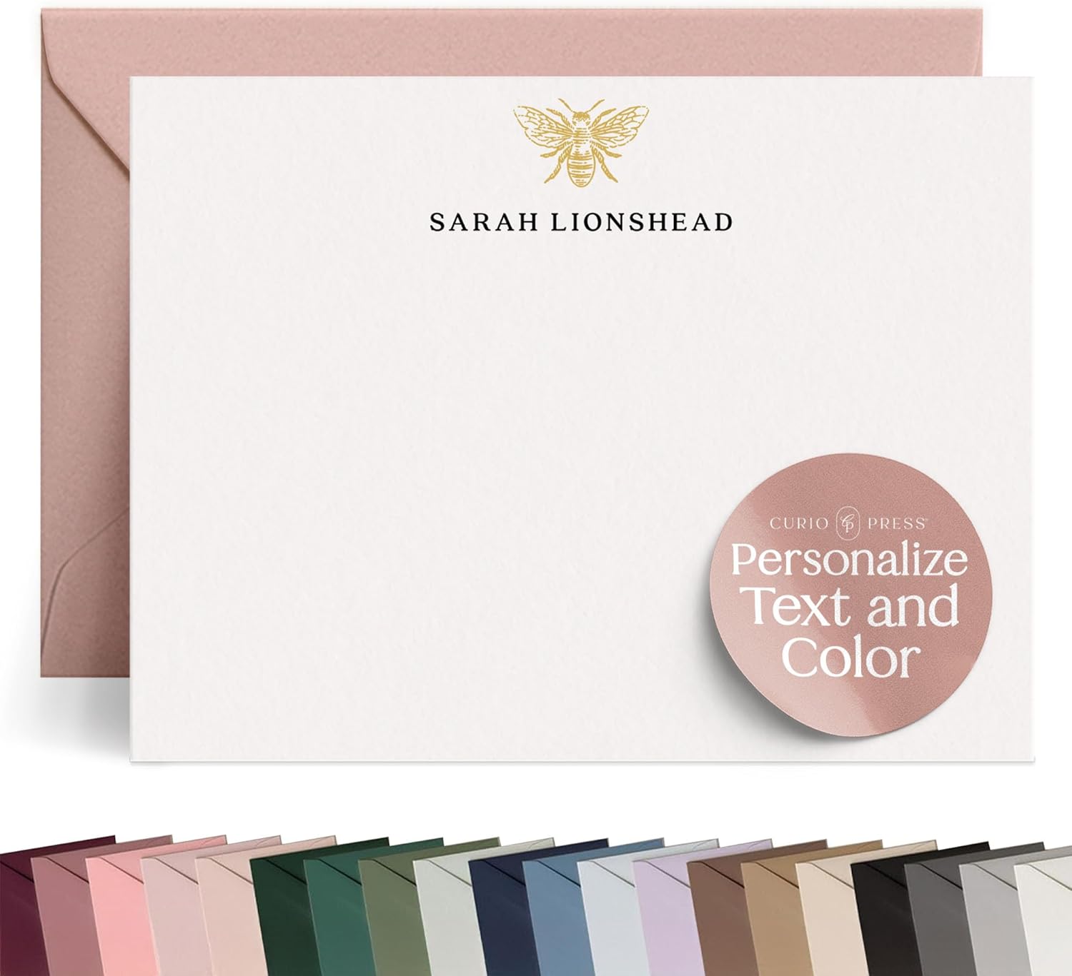 Personalized Stationery for Women and Men, Gold Bee Flat Card with Custom Note Cards Name & Animal Theme Thank You Cards with Envelopes Personalized Stationary Custom Card for Gifts - Bee Flat