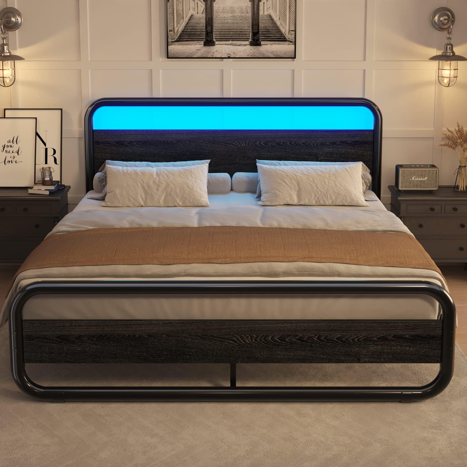 CatrimownKing Size Bed Frame with Headboard LED Bed Frame Heavy Duty King Size Beds Metal Rustic Bed Frame Wood Platform Bed Frame Under Bed Storage Noise Free No Box Spring Needed (Black, King)