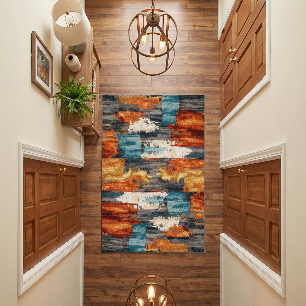 3x5 Area Rug for Living Room,Modern Abstract Burnt Orange Rug,Terracotta and Teal Brushstroke,Washable Rug,Non Slip, for Entryway, Kitchen, Laundry Room, Bathroom