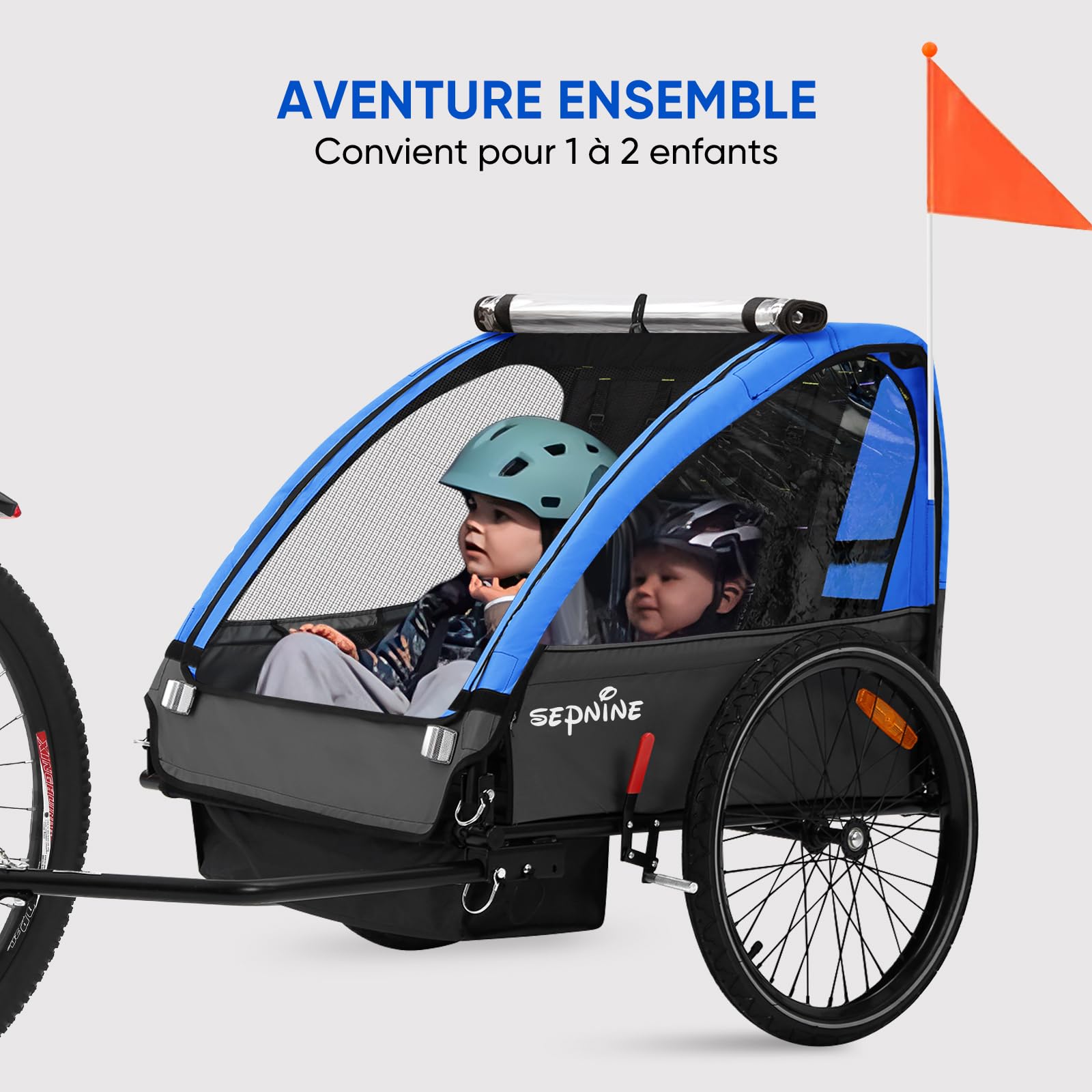 SEPNINE Remorque pour Enfant 2 Places Tout-Terrain Pliable avec Frein à Main Ceinture de Sécurité 40 kg