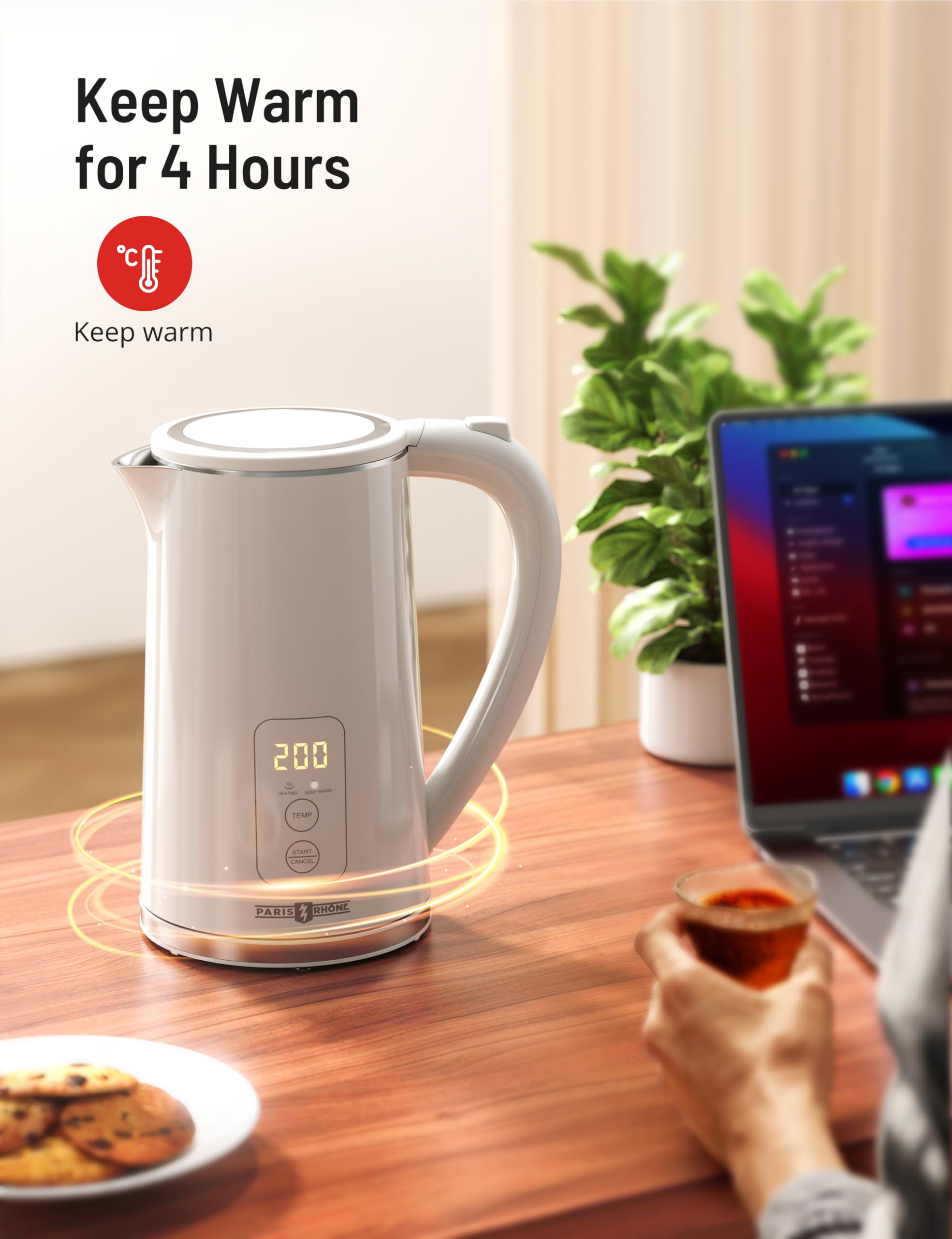 Paris Rhône Electric Kettle, Tea Kettle with 6 Temperature Settings, 1.7L Cordless Hot Water Boiler Heater, Strix Thermostat, Touch Control, Auto-Shutoff/Boil-Dry Protection, Keep Warm, LED Indicator
