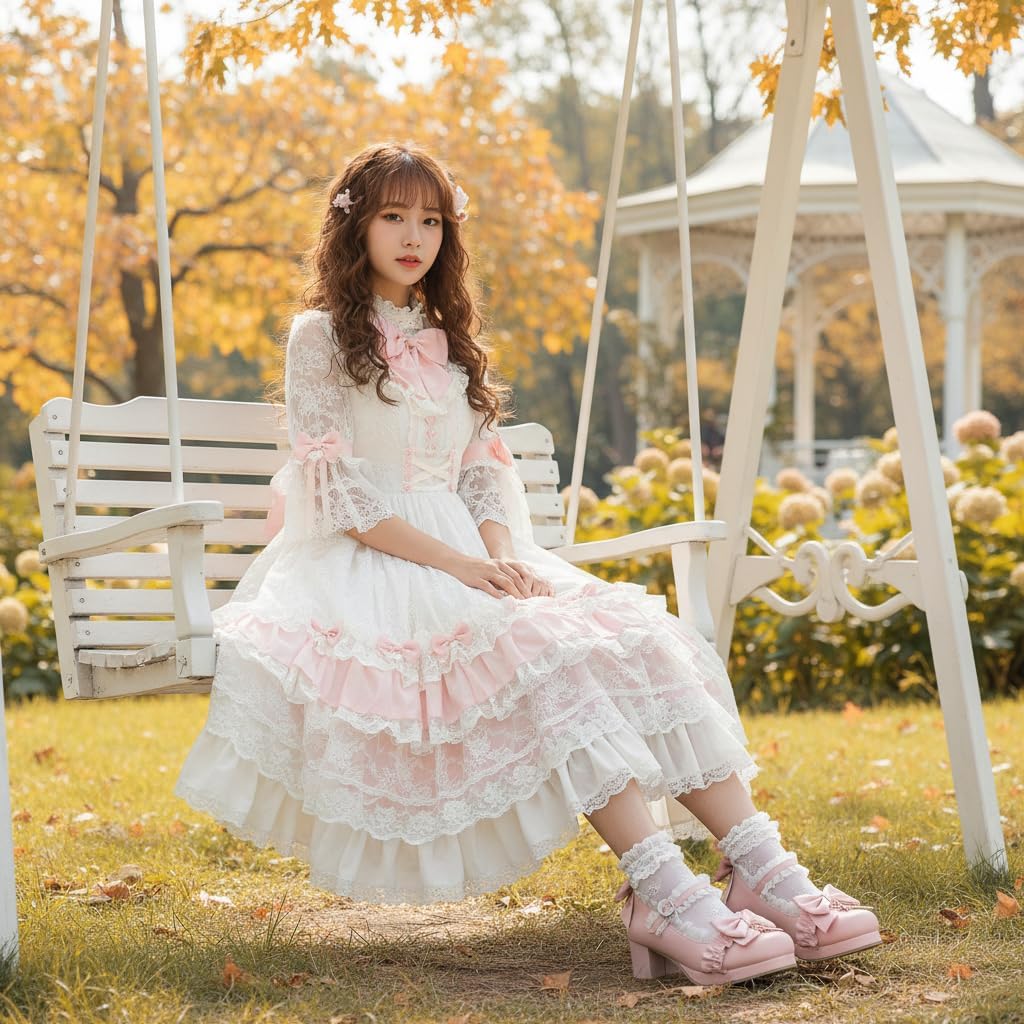Women's Bow Mary Janes-Lolita Platform Chunky Block Heel Shoes-Kawaii Cute Lace Pumps for Cosplay,Wedding,School Dance,Prom Party Dress Shoes