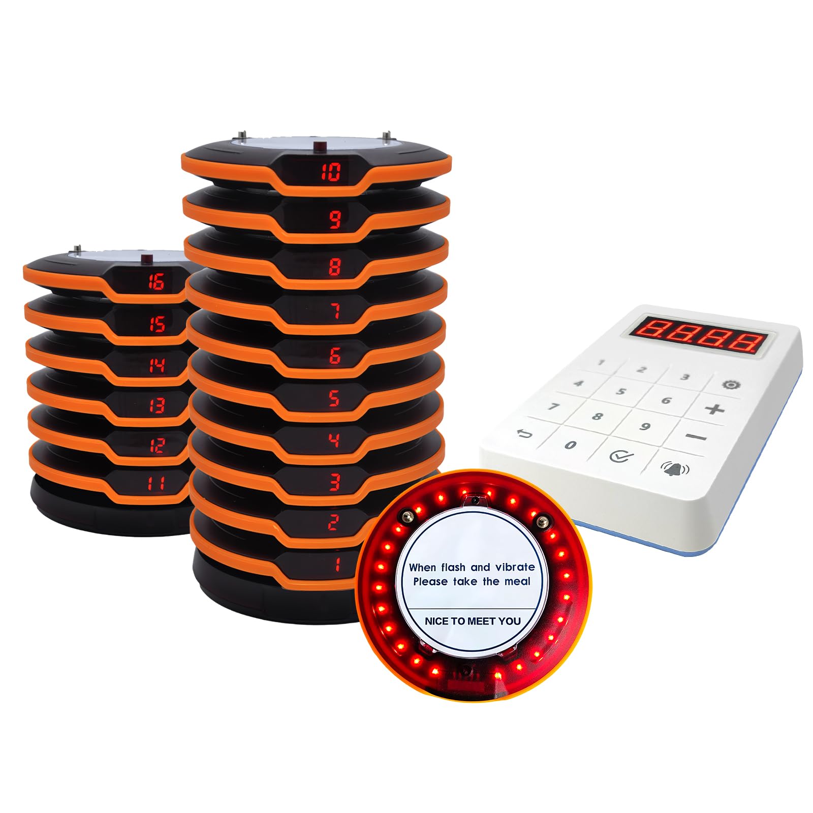 Photo 1 of Restaurant Pager System 16 Coaster Pagers and Beepers, Restaurant Beepers Buzzers System with Vibration Flashing Buzzer Queue Wireless Calling System for Food Truck Coffee Shop Church Nursery Bar