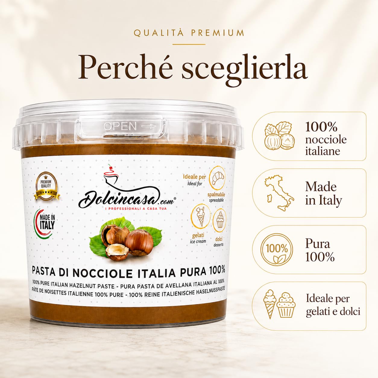 Dolcincasa-com Pâte de Noisettes Torréfiées 100% Pure Crème à Tartiner pour Glace Café et Diverses Utilisations en Confiserie Décorations Remplissages Sans Gluten sans Epaississants 500 Grammes