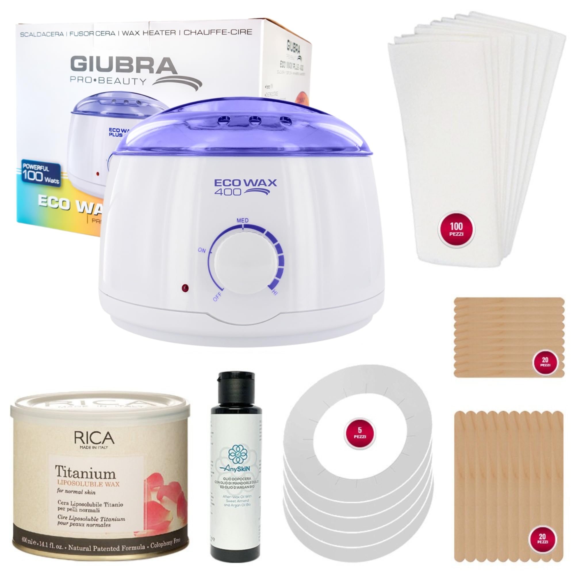 Anyskin kit Ceretta con Scaldacera Professionale, Cera Liposolubile Rica 400ml Rosa o Argan, Anyskin Olio Dopocera 100ml, Spatole in Legno 40pz. e Strisce Depilatorie Tnt 100pz.