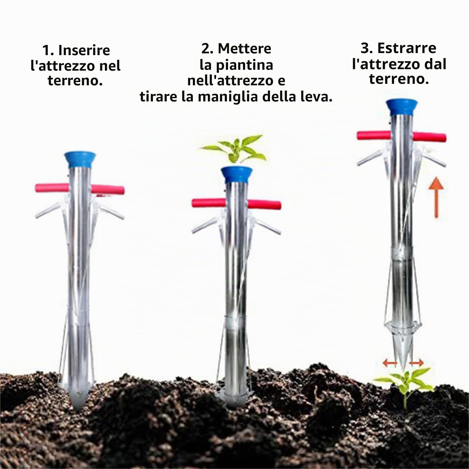 Trapiantatore per piantine di peperoni, meloni e verdure, trapiantatore di bulbi con manico lungo, con impugnatura morbida, strumento manuale da giardino in acciaio inossidabile