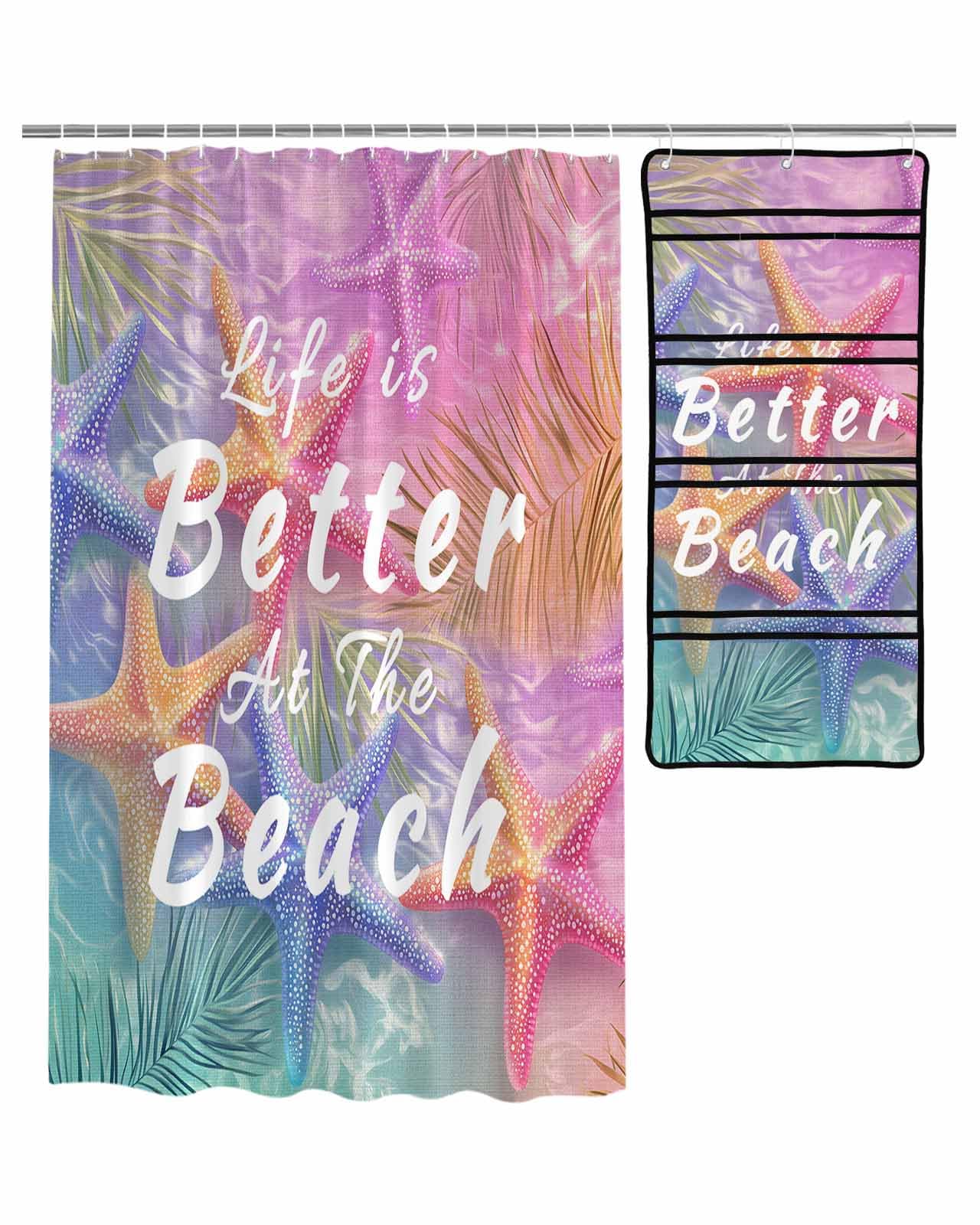 ZFUNCING Shower Curtain Mesh Shower Organizer Set Summer Ocean Starfish Leaf Waterproof Bath Curtains Hanging Shower Caddy Bathroom