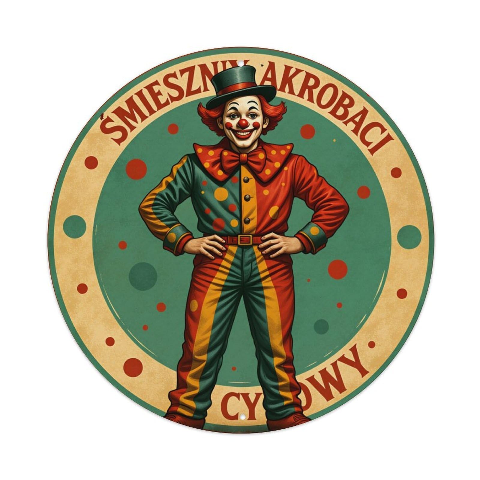 Circus Clown Costume Pattern Print Round Tin Sign Vintage Metal Poster, Home Bar Garage Man Cave Cafe Indoor & Outdoor Wall Decoration 8x8Inches