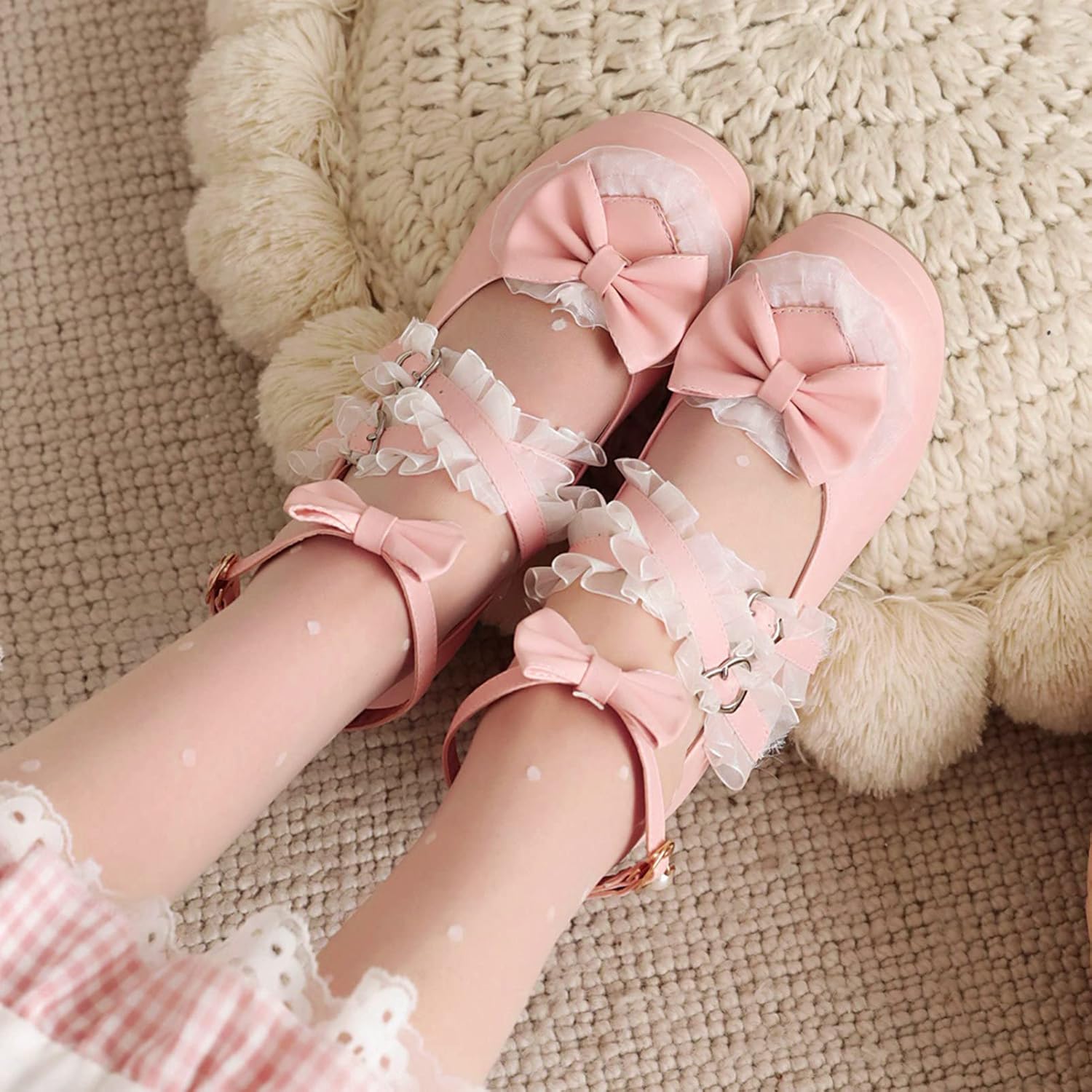 Women Cute Lolita Shoes Platform Mary Janes Kawaii Strappy Ankle Strap Sweet Pumps Lace Cross Tied Dress Pumps - Image 3