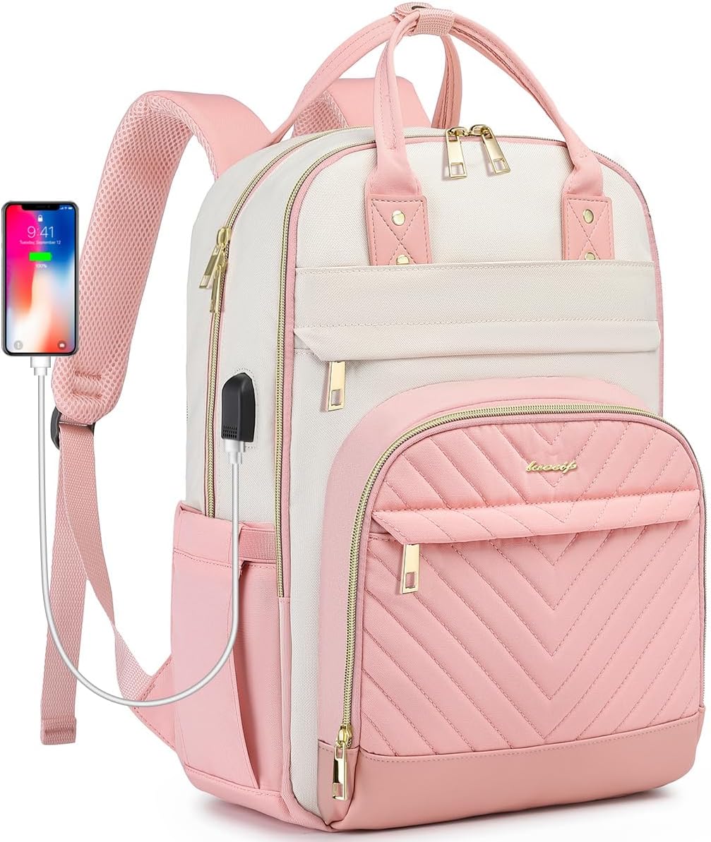 LUOCIP Laptop Backpack for Women: 15.6 Inch Cute Work Backpack for Teacher College Waterproof Anti-Theft Computer Bookbag Stylish Women's Business Travel Backpack Purse (Pink Beige)