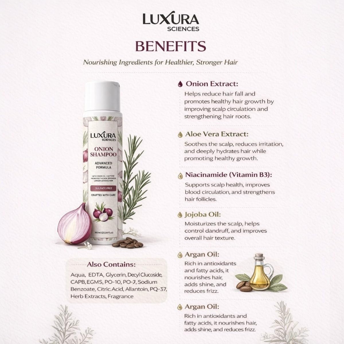 Luxura Sciences Onion and Caffeine Natural Scent Hair Growth Shampoo, 300 ml, Sulfate-Free, Paraben-Free 3