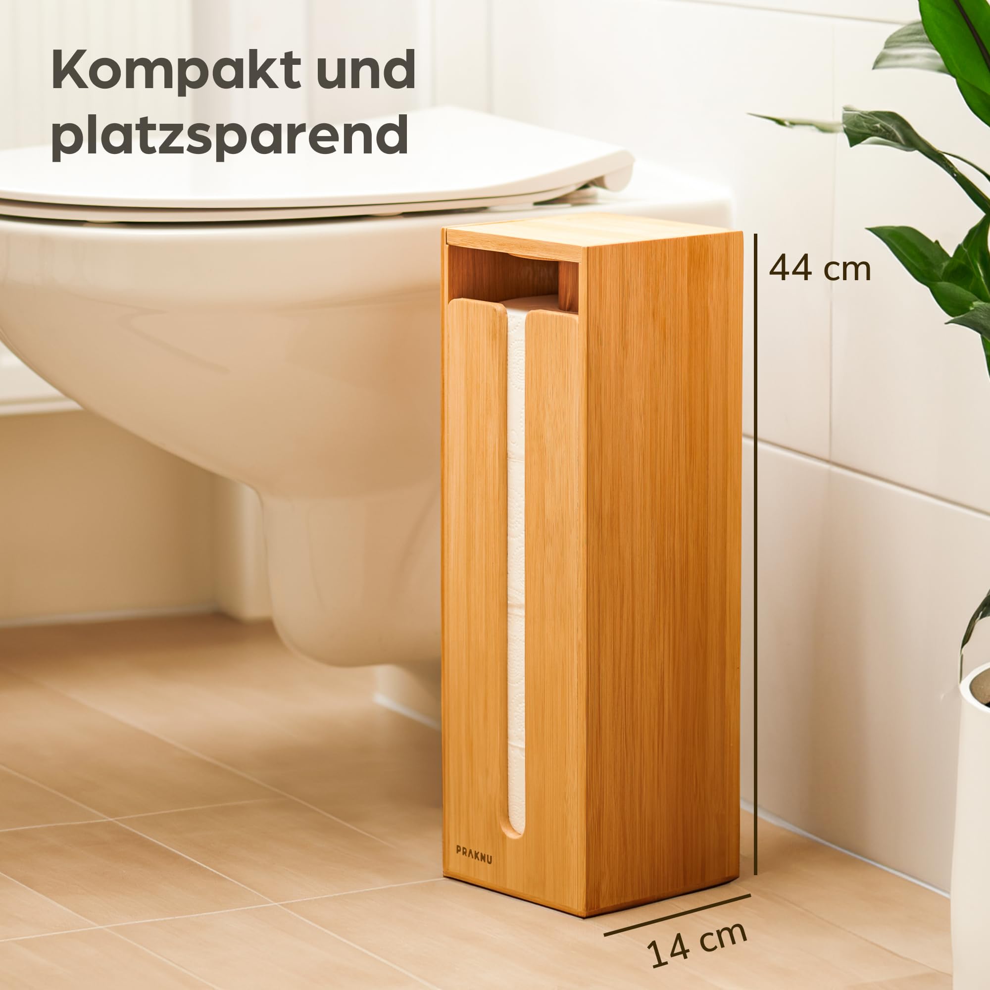 Praknu Toilettenpapier Aufbewahrung Bambus - Toilettenpapierhalter Stehend aus Holz mit Magnetdeckel für 4 Rollen Klopapier - Platzsparend - Rutschfest - Klorollenaufbewahrung - WC Rollen Aufbewahrung