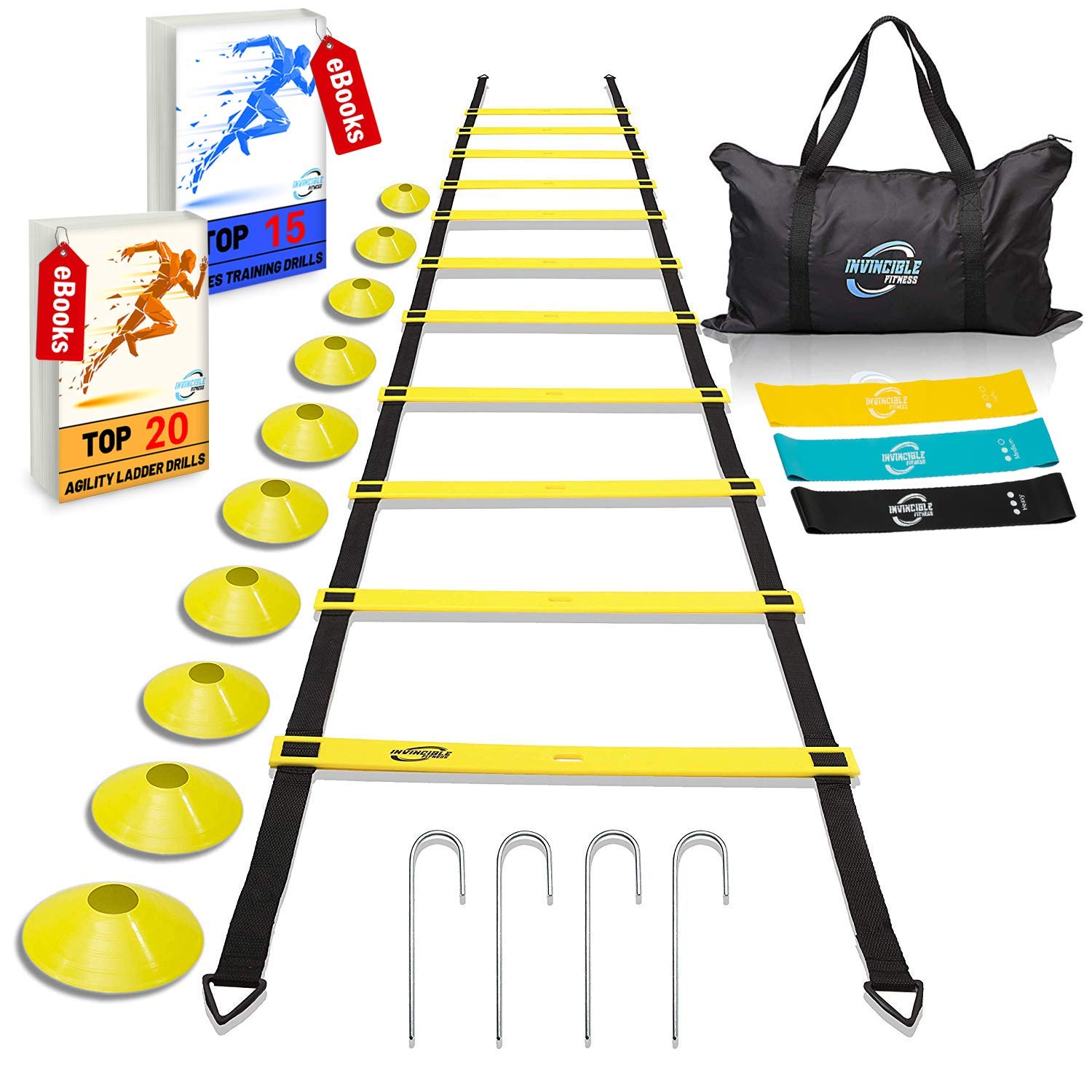 Invincible Fitness Agility Ladder Training Equipment Set, Improves Coordination, Speed, Power and Strength, Includes 10 Cones, 4 Hooks and 3 Loop Resistance Bands for Outdoor Workout