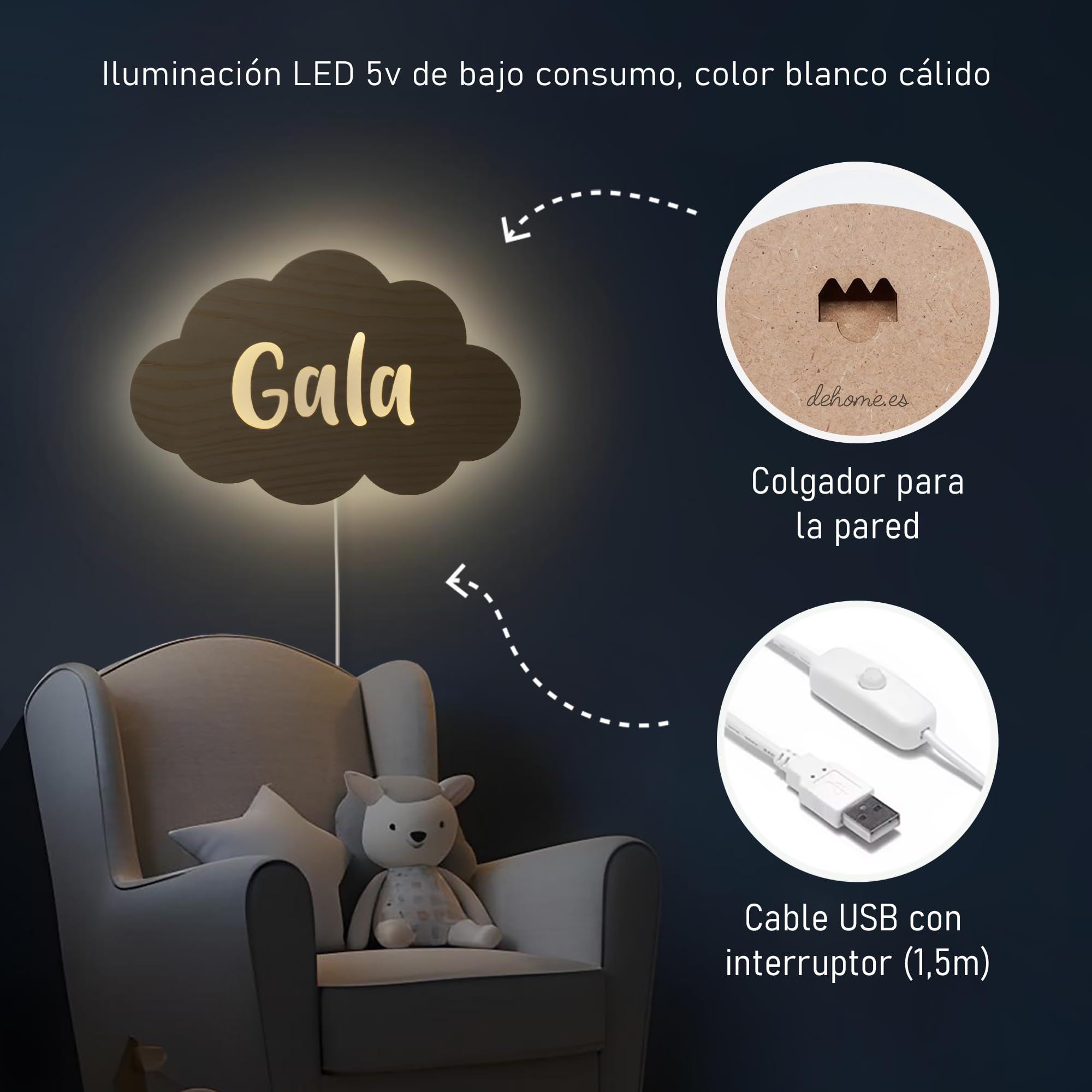 Dehome - Lámpara de Pared Infantil Personalizada LED - Diseño de Globo Nube Estrella Sol - Luz Nocturna de Madera para Bebés y Niños - Regalo Original y Decoración para Habitación Infantil (Nube)